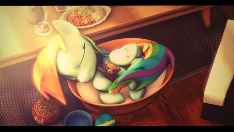 Size: 1920x1080 | Tagged: 3d, artist:chocokumiko, ball, basket, bowl, carpet, chair, coffee, collar, cute, derpibooru import, food, pet, pony pet, rainbow dash, safe, sleeping, source filmmaker, sugarcube, table, teddy bear, toy