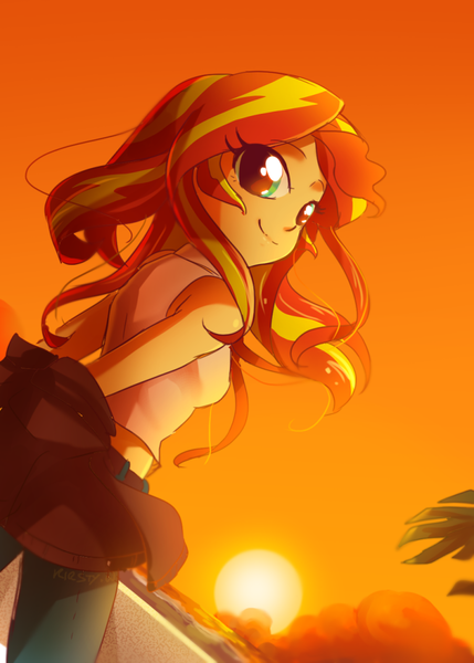 Size: 800x1120 | Tagged: safe, artist:kelsea-chan, derpibooru import, sunset shimmer, equestria girls, clothes, cute, female, jacket, looking at you, looking back, looking back at you, pants, shimmerbetes, smiling, solo, sun, sunset, sunset shimmer day, tanktop