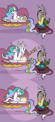 Size: 598x1309 | Tagged: safe, artist:merrypaws, derpibooru import, discord, princess celestia, alicorn, draconequus, pony, behaving like a snake, book, comic, confused, curled up, discord being discord, female, frown, glowing cutie mark, lamplestia, lidded eyes, light, looking back, male, mare, missing accessory, prone, purple background, reading, shocked, simple background, smiling, smirk, spread wings, sunbutt, surprised, tail, tail pull, this will end in tears and/or a journey to the moon, wat, wide eyes, wings