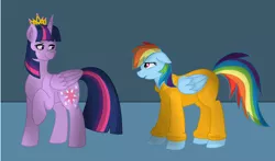 Size: 1024x604 | Tagged: safe, artist:fra-chan-18, derpibooru import, rainbow dash, twilight sparkle, twilight sparkle (alicorn), alicorn, pony, clothes, prison outfit, prisoner rd, sad, smug, tyrant sparkle