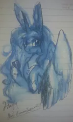 Size: 863x1449 | Tagged: dead source, safe, artist:goldenrainynight, derpibooru import, princess luna, alicorn, pony, bunny ears, female, food, lined paper, mare, mooncake, solo, traditional art