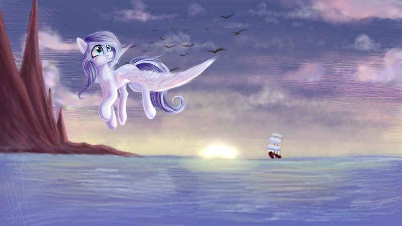 Size: 1920x1080 | Tagged: artist:zefirayn, bird, cloud, derpibooru import, flying, mountain, oc, ocean, safe, scenery, ship, solo, sunset, unofficial characters only