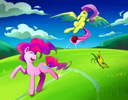 Size: 1500x1172 | Tagged: safe, artist:skyeypony, derpibooru import, fluttershy, pinkie pie, butterfly, buckball season, action shot, ball, buckball, cloud, cutie mark, duo, field, flying, fun, fur, grass, happy, kicking, mountain, nose in the air, pink fur, pink hair, playing, sky, smiling, teeth, tongue out