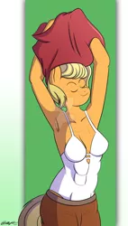 Size: 1024x1798 | Tagged: abs, anthro, applejack, armpits, artist:sketchychangeling, clothes, derpibooru import, eyes closed, female, freckles, one-piece swimsuit, solo, solo female, suggestive, swimsuit, undressing, watermark