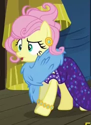 Size: 560x770 | Tagged: safe, derpibooru import, screencap, fluttershy, pony, viva las pegasus, clothes, cropped, disguise, ear piercing, earring, feather boa, impossibly rich, jewelry, messy hair, piercing, raised eyebrow, solo