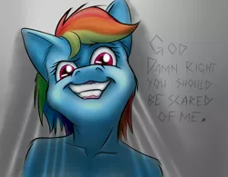 Size: 1024x800 | Tagged: anthro, artist:bingodingo, derpibooru import, dreamworks face, grin, rainbow dash, shoulders, smiling, solo, suggestive, vulgar