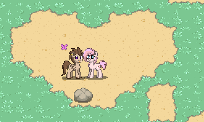 Size: 661x397 | Tagged: safe, derpibooru import, oc, oc:cherry blossom, oc:mau, ponified, butterfly, pony, sphinx, pony town, female, heart, lesbian, mare, oc x oc, pixel art, shipping