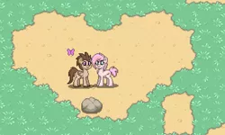 Size: 661x397 | Tagged: safe, derpibooru import, oc, oc:cherry blossom, oc:mau, ponified, butterfly, pony, sphinx, pony town, female, heart, lesbian, mare, oc x oc, pixel art, shipping