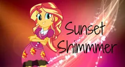 Size: 1024x543 | Tagged: safe, artist:twilightshimmer12, derpibooru import, sunset shimmer, equestria girls, crossed arms, cutie mark, effects, outfit, smiling, solo, vector, wallpaper