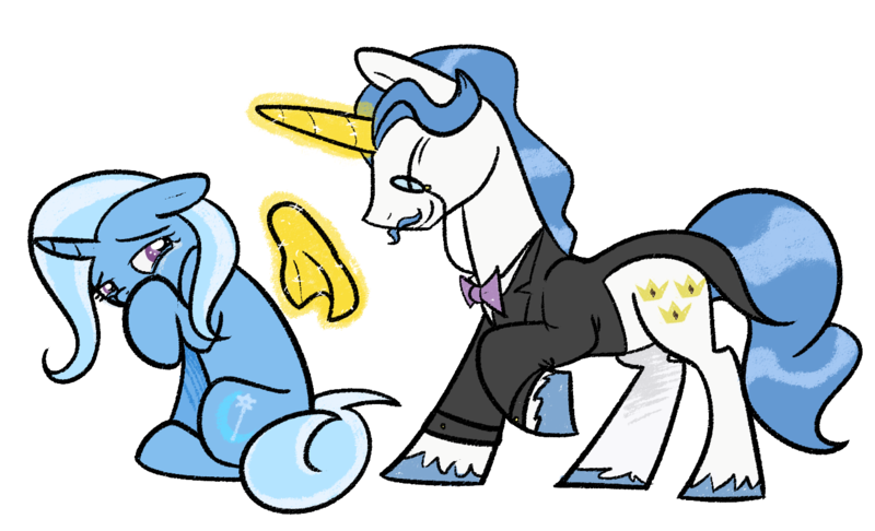 Size: 1400x850 | Tagged: safe, artist:selective-yellow, derpibooru import, fancypants, trixie, pony, unicorn, crying, cute, female, handkerchief, kindness, mare, offering, raised hoof, shipping, sniffing, trixiepants