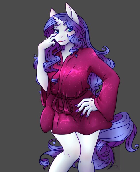 Size: 1040x1280 | Tagged: safe, artist:pastel-pony-pictures, deleted from derpibooru, derpibooru import, rarity, anthro, unicorn, clothes, female, gray background, hand on hip, looking at you, mare, nail polish, robe, simple background, solo
