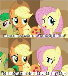 Size: 515x578 | Tagged: suggestive, derpibooru import, edit, edited screencap, screencap, applejack, fluttershy, earth pony, pegasus, pony, viva las pegasus, caption, comic, female, image macro, implied appleshy, implied sex, innuendo, mare, meme, out of context, screencap comic, seductive look, subtle as a train wreck