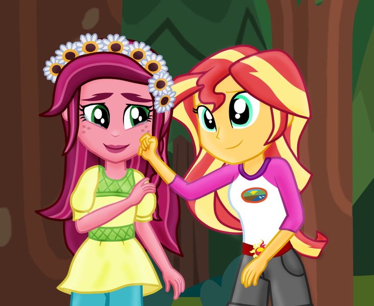 Size: 1085x888 | Tagged: safe, artist:majkashinoda626, derpibooru import, gloriosa daisy, sunset shimmer, equestria girls, legend of everfree, clothes, comforting, cute, empathy, shimmerbetes, shorts, teary eyes