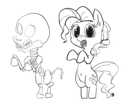 Size: 2310x1862 | Tagged: safe, artist:pabbley, derpibooru import, petunia paleo, pony, the fault in our cutie marks, bipedal, creepy, cute, macabre, monochrome, open mouth, skeleton, smiling