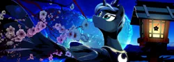 Size: 4000x1440 | Tagged: safe, artist:dormin-kanna, derpibooru import, princess luna, pony, cherry blossoms, crown, eyeshadow, jewelry, lantern, looking up, makeup, necklace, regalia, smiling, solo, spread wings, widescreen