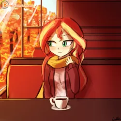 Size: 750x750 | Tagged: safe, artist:lumineko, derpibooru import, sunset shimmer, human, equestria girls, autumn, clothes, coffee, cup, cute, female, humanized, lumineko is trying to murder us, patreon, patreon logo, plate, scarf, shimmerbetes, signature, smiling, solo, tree