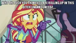 Size: 800x450 | Tagged: safe, derpibooru import, edit, edited screencap, screencap, sci-twi, sunset shimmer, twilight sparkle, equestria girls, friendship games, caption, freaknik: the musical, image macro, meme, sunset yells at twilight, vulgar