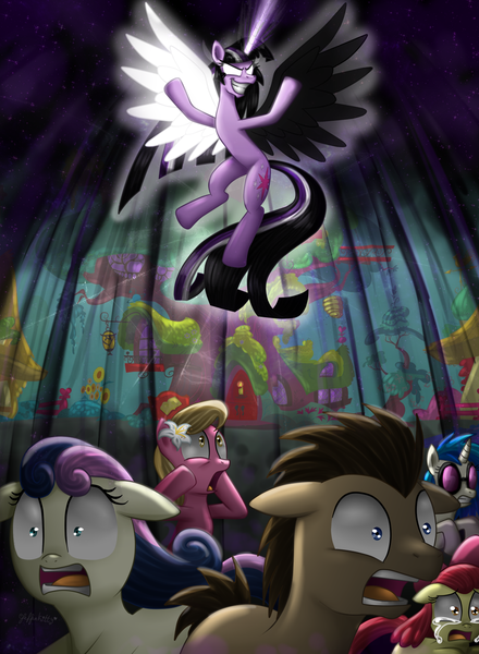 Size: 1100x1500 | Tagged: semi-grimdark, artist:leffenkitty, derpibooru import, apple bloom, bon bon, doctor whooves, lily, lily valley, sweetie drops, time turner, twilight sparkle, twilight sparkle (alicorn), vinyl scratch, alicorn, pony, pages of harmony, panic, twilight snapple, tyrant sparkle
