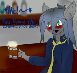 Size: 1500x1420 | Tagged: safe, artist:eclipsepenumbra, derpibooru import, oc, oc:eclipse penumbra, unofficial characters only, anthro, bat pony, fallout equestria, fanfic, bar, bat pony oc, blushing, cider, drunk, fallout, fanfic art, fangs, female, green eyes, hiccups, looking at you, mug, open mouth, solo, story included, tankard, vault suit