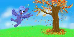 Size: 1374x705 | Tagged: safe, artist:springveil, derpibooru import, princess luna, autumn, filly, flying, solo, woona, younger