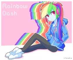 Size: 800x654 | Tagged: safe, artist:riouku, derpibooru import, rainbow dash, equestria girls, blush sticker, blushing, clothes, hands in pockets, headphones, hoodie, pants, shoes, sitting, sneakers, solo, speedpaint