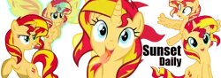 Size: 1000x350 | Tagged: artist needed, safe, derpibooru import, sunset shimmer, alicorn, pony, equestria daily, alicornified, cute, multeity, race swap, shimmerbetes, shimmercorn, shimmerstorm, sunset shimmer day, this will end in fire, tongue out
