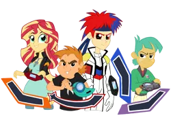 Size: 3000x2023 | Tagged: safe, artist:edcom02, artist:jmkplover, derpibooru import, snails, snips, sunset shimmer, oc, oc:roy starfall, equestria girls, breasts, crossover, duel disk, female, simple background, transparent background, yu-gi-oh!, yu-gi-oh! arc-v