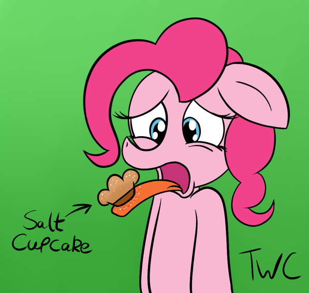 Size: 1017x966 | Tagged: safe, artist:tellywebcartoons, derpibooru import, pinkie pie, pony, 30 minute art challenge, cupcake, disgusted, food, salty