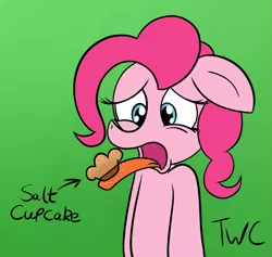 Size: 1017x966 | Tagged: safe, artist:tellywebcartoons, derpibooru import, pinkie pie, pony, 30 minute art challenge, cupcake, disgusted, food, salty