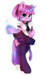 Size: 2400x3937 | Tagged: safe, artist:yukomaussi, derpibooru import, oc, oc:sugar lace, unofficial characters only, anthro, butterfly, semi-anthro, unguligrade anthro, bipedal, book, clothes, cute, glowing horn, heart eyes, looking at you, magic, ocbetes, open mouth, pleated skirt, simple background, skirt, skirt lift, smiling, socks, solo, stockings, thigh highs, transparent background, underhoof, wingding eyes, zettai ryouiki