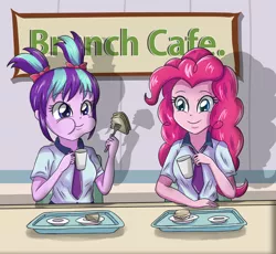 Size: 3207x2952 | Tagged: safe, artist:sumin6301, derpibooru import, pinkie pie, starlight glimmer, equestria girls, cafe, clothes, cup, cute, diapinkes, eating, equestria girls-ified, food, fork, glimmerbetes, pigtails, sandwich, sitting, smiling, table, tray, younger