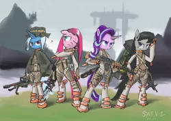 Size: 1200x850 | Tagged: safe, artist:satv12, derpibooru import, octavia melody, pinkie pie, starlight glimmer, trixie, pony, unicorn, accuracy international aw, ak-47, ar15, assault rifle, augmented, bayonet, boonie hat, clothes, female, gun, handgun, hat, javelin missile, mare, missile launcher, pistol, pixiv, poncho, pump action, rifle, science fiction, shotgun, special forces, weapon