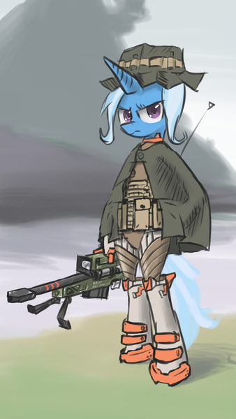 Size: 675x1200 | Tagged: safe, artist:satv12, derpibooru import, trixie, pony, unicorn, bipedal, female, gun, hat, hooves, horn, looking at you, mare, optical sight, pixiv, rifle, science fiction, sniper rifle, solo, special forces, weapon