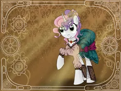 Size: 1600x1200 | Tagged: safe, artist:sweeterwho, derpibooru import, sweetie belle, boots, clothes, cute, jewelry, necklace, shirt, skirt, solo, steampunk