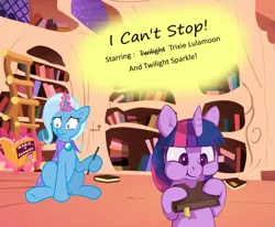 Size: 813x671 | Tagged: safe, artist:[redacted], artist:drewdini, derpibooru import, trixie, twilight sparkle, pony, unicorn, ..., aweeg*, bibliovore, book, bookshelf, cape, clothes, confused, eating, fanfic art, female, golden oaks library, hoof hold, magic, magic wand, mare, pica, question mark, sitting, telekinesis, that pony sure does love books, trixie's cape, unicorn twilight