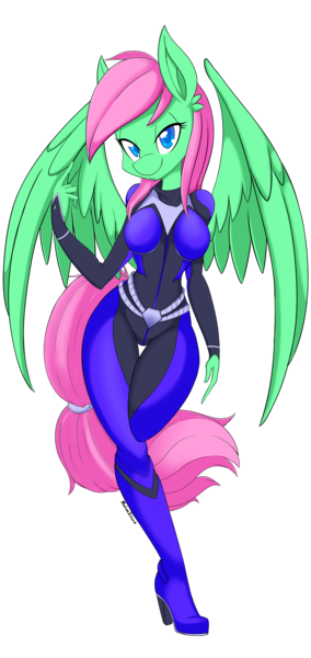 Size: 2094x4418 | Tagged: anthro, anthro oc, artist:demonfox, breasts, clothes, cosplay, costume, crossover, derpibooru import, female, high res, krystal, looking at you, nintendo, oc, oc:pending storm, pegasus, plantigrade anthro, point commission, simple background, skinsuit, smiling, solo, solo female, star fox, star fox: assault, suggestive, transparent background, unofficial characters only