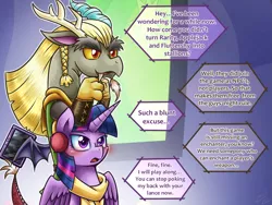 Size: 1333x1000 | Tagged: suggestive, artist:vavacung, derpibooru import, discord, twilight sparkle, twilight sparkle (alicorn), alicorn, pony, dungeons and discords, captain wuzz, female, innuendo, male