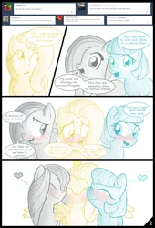 Size: 1280x1877 | Tagged: artist:thealjavis, ask, ask the shy-tri, blushing, cocobetes, coco pommel, colored pupils, cute, daaaaaaaaaaaw, derpibooru import, dialogue, eyes closed, fluttershy, heart, hnnng, hug, looking at you, looking away, marblebetes, marble pie, safe, shyabetes, simple background, smiling, speech bubble, the council of shy ponies, trio, tumblr, white background, winghug