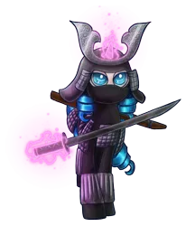 Size: 950x1100 | Tagged: safe, artist:theomegaridley, derpibooru import, oc, oc:opuscule antiquity, unofficial characters only, pony, unicorn, armor, clothes, female, helmet, katana, magic, mare, samurai, simple background, solo, sword, transparent background, weapon