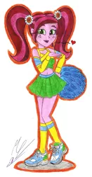 Size: 3344x6360 | Tagged: safe, artist:metaldudepl666, derpibooru import, gloriosa daisy, equestria girls, legend of everfree, belly button, blowing a kiss, cheerleader, crayon drawing, cute, daisybetes, heart, humanized, looking at you, pom pom, traditional art