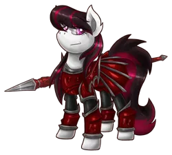 Size: 1000x900 | Tagged: safe, artist:theomegaridley, derpibooru import, oc, oc:electra sparks, unofficial characters only, earth pony, pony, armor, blood knight, female, mare, solo, spear, warhammer (game), warhammer fantasy, weapon