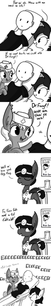 Size: 1280x7681 | Tagged: safe, artist:tjpones, derpibooru import, oc, oc:murder slice, oc:richard, unofficial characters only, bat pony, human, pony, vampire, vampony, horse wife, blood donation, blood drive, comic, descriptive noise, dialogue, doctor, ear fluff, eeee, fangs, grayscale, laughing, lisp, lying, meme, monochrome, nurse, on back, scared