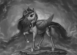 Size: 3508x2480 | Tagged: artist:bra1neater, cloud, derpibooru import, epic, grayscale, monochrome, princess luna, raised hoof, safe, smiling, solo