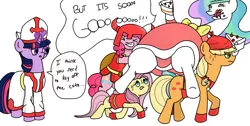 Size: 1260x633 | Tagged: applejack, artist:idylex, cake, cakelestia, carrying, chubbylestia, derpibooru import, fat, fat princess, fluttershy, food, pinkie pie, pope, princess celestia, safe, twilight sparkle, warrior