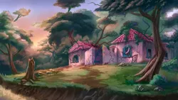 Size: 1920x1080 | Tagged: abandoned, artist:ruffu, building, derpibooru import, g1, no pony, overgrown, painting, paradise estate, probably haunted, ruins, safe, scenery, scenery porn, sunset, tree, video at source, wallpaper