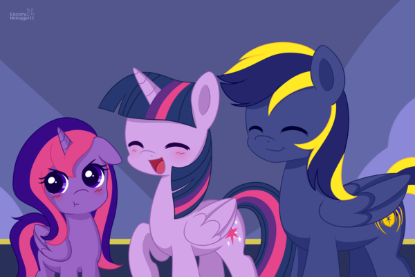 Size: 600x400 | Tagged: safe, artist:exceru-karina, derpibooru import, twilight sparkle, twilight sparkle (alicorn), oc, oc:violet star, oc:zephyr, alicorn, pony, alicorn oc, blushing, canon x oc, male, offspring, parent:oc:zephyr, parent:twilight sparkle, parents:canon x oc, parents:twiphyr, shipping, straight, twiphyr