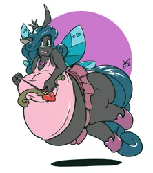 Size: 3972x4474 | Tagged: safe, artist:daikanu, derpibooru import, queen chrysalis, anthro, unguligrade anthro, arrow, bbw, belly, big breasts, bow and arrow, bow (weapon), breasts, busty queen chrysalis, cleavage, clothes, cupid, cute, cutealis, fat, female, happy, huge breasts, impossibly large belly, queen chrysalard, reversalis, silly, solo, ssbbw, tutu, weapon