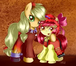 Size: 856x742 | Tagged: adorabloom, apple bloom, applejack, applejack also dresses in style, artist:nika191319, clothes, costume, crossover, cute, derpibooru import, digital art, dress, jackabetes, minoriko aki, safe, shizuha aki, touhou