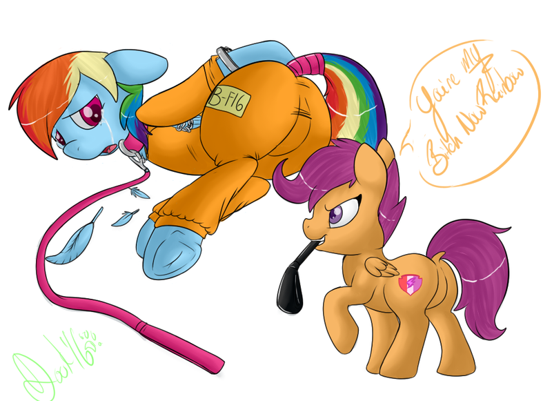 Size: 1000x726 | Tagged: suggestive, artist:lildooks, derpibooru import, rainbow dash, scootaloo, arm behind back, blushing, bondage, bound wings, chains, clothes, collar, crying, cuffs, cutie mark, dashsub, domination, face down ass up, featureless crotch, female, femdom, femsub, foaldom, frog (hoof), image, imminent rape, implied rape, leash, lesbian, mare on filly, mouth hold, pet play, pet-dash, plot, png, prison outfit, prisoner rd, riding crop, scootadash, scootadom, shipping, signature, simple background, spanking, speech, submissive, tail wrap, the cmc's cutie marks, underhoof, vulgar, whip, whipping, white background