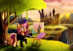 Size: 2000x1400 | Tagged: artistic freedom, artist:misiekpl, beatnik, beret, canvas, castle of the royal pony sisters, clothes, derpibooru import, glass, glasses, magic, milkshake, oc, oc:lannie lona, paintbrush, painting, plein air, raised hoof, rock, safe, scenery, signature, solo, straw, sweater, tree, turtleneck, unofficial characters only